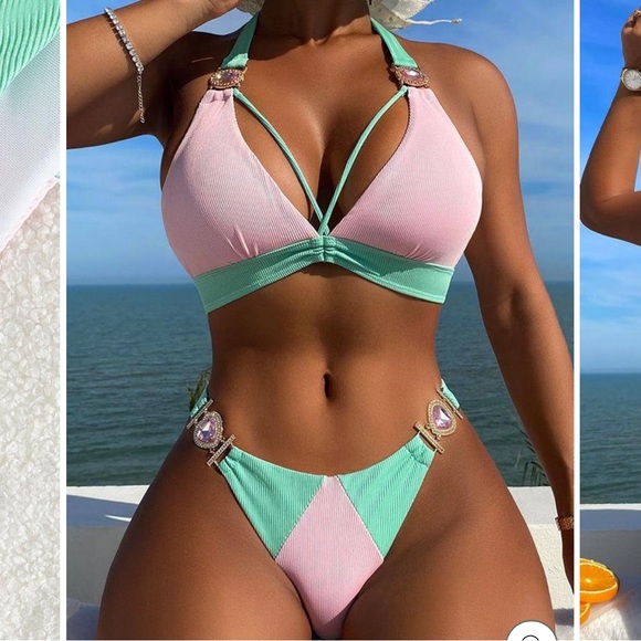 LIGHT PINK MINT RHINESTONE GEM STRAPPY CHEEKY 2PC SWIMSUIT BIKIN - Picture 1 of 9